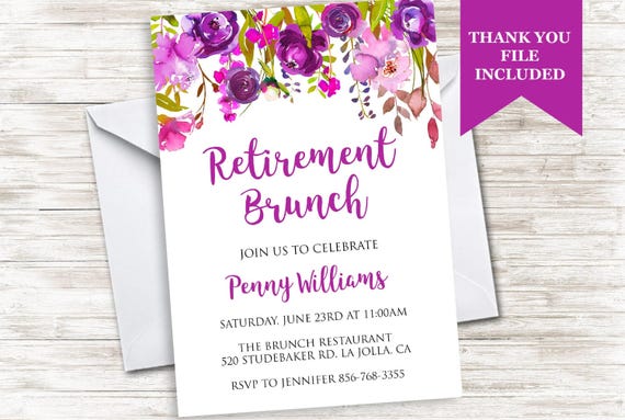 Retirement Brunch Invitation Invite Party Purple Floral