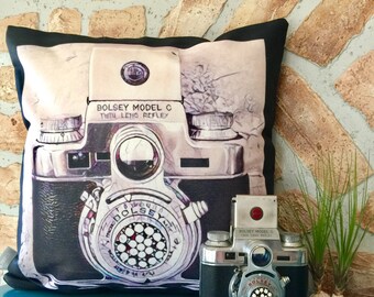 Throw Pillow Cover -:- Vintage Camera Photography - Photographer Gift Home Decor Pinhole Camera Bolsey Twin Lens Reflex Camera - TLR Decor