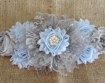 Boy Maternity Sash, Grey/Blue Lace Flower Sash, Grey/Blue Maternity Sash, Lace/Satin Sash, Pregnancy Sash, Maternity Photo Prop