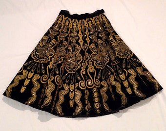 Mexican Skirt Vintage Black Velvet Circle Skirt Vintage Mexico Day of the Dead Aztec Mayan Style Butterfly Snake 50s Folk Art