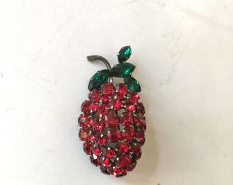 Red Rhinestone Strawberry Brooch Pin Made in Austria Japenned Jewelry