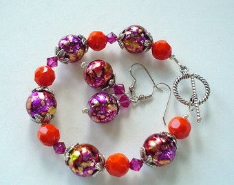 SALE Ready TO SHIP Fushia and Tangerine Orange Glass Lampwork and Swarovski Beaded Bracelet and Earring Set