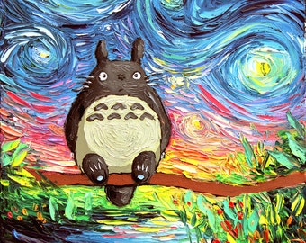 My Neighbor Totoro Art - Starry Night Giclee print van Gogh Never Met His Neighbor by Aja 8x8, 10x10, 12x12, 20x20, and 24x24 choose size