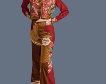 70s style bell bottom cowboy western two piece hippie corduroy polyester floral set