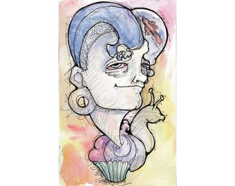Original Watercolor Illustration - snail cupcake Art by Ela Steel - blue yellow pink strange lowbrow art
