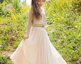 Gold Boho-chic Flower Girl Dress, Junior Bridesmaid Dress, Boho champagne skirt and gold top set, boho flower girl dress, Bohemian Wedding