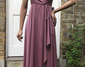 Dusty rose 70s slinky evening dress Grecian drape maxi