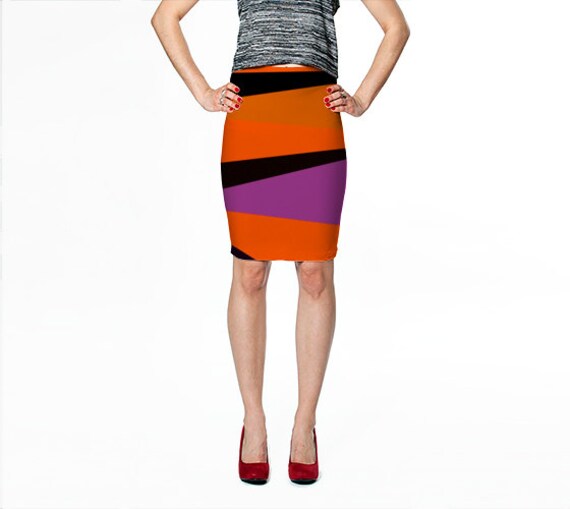 Orange Pencil Skirt / Orange and Black Striped Skirt / Printed