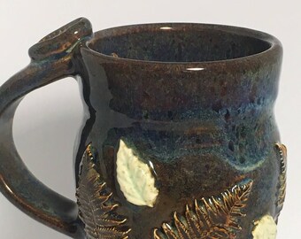 Handmade Pottery Mug, Ceramic Mug, Decorated Mug, Blue Mug, Fern Decoration