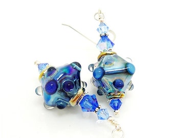 Blue Earrings, Crystal Shape Earrings, Lampwork Earrings, Bumpy Bead Earrings, Unique Earrings, Glass Earrings, Glass Bead Earrings