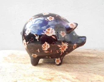 Cute vintage piggy bank, ceramic pig and flowers money box. Kid's room decor.