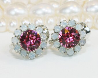 Flower Girl Clip On Earrings White Pink Swarovski Crystal White Opal Toddler Gift Pink Clip On Toddler Non Pierced Ears,Silver,Rose,SE116