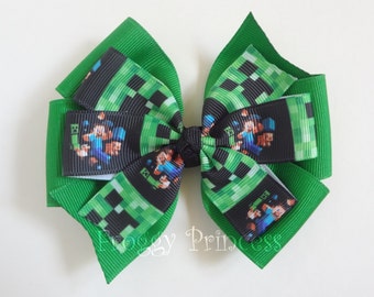Builder Bow - Video Game Pinwheel Hair Bow - No Slip Velvet Grip Hair Clip