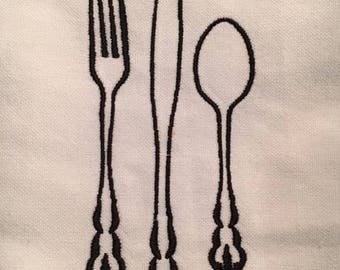 White & Black Kitchen Towel with Fork, Knife and Spoon