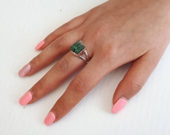 Raw emerald ring, rough, size 7, 92.5 sterling silver, view link to purchase resizing below in item details