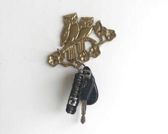 Vintage Brass Owl Key Hook, Brass Owls on a Branch Key Holder