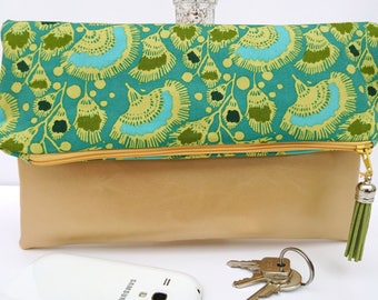 Faux leather foldover clutch, foldover handbag, gold clutch, girlfriend gift, gift for her, green gold gift