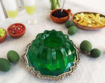 1:6 Scale Miniature JELLO Lime GREEN or Cherry RED Molded Gelatin on Vintage Metal Plate - Realistic Faux Food for Fashion Dolls & Figures
