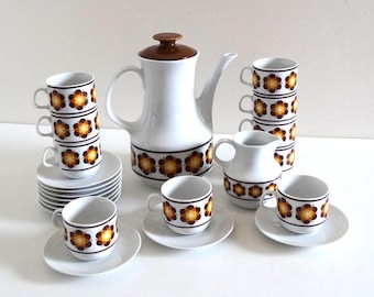 Vintage 70s German Porcelain Coffee Set with Pop Brown and Yellow Flowers