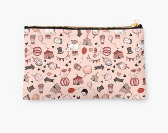 Circus Clutch Bag, Zip Pouch, Make Up Bag, Pencil Case, fair, popcorn, elephant, big top, clown, mime,
