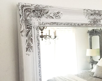 Farmhouse Mirror, Vanity Mirror, Ornate Bathroom Mirror Gray and White Distressed Cottage Chic Mirror
