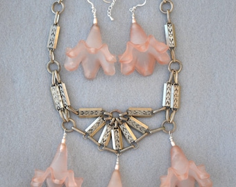 Vintage Glass Flower Components Assemblage Necklace & Earrings