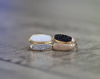 Druzy Bar Ring , Modern Stacking Ring in Gold , Rose , Sterling Silver , Choose Your Color , Handmade Wire Wrapped Ring