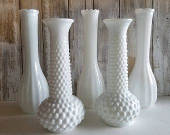 Milk Glass Bud Vase 5-Piece Coordinating Collection: Hobnail Vases, Milk Glass Sets, Bud Vase Collections. Hobnail Milk Glass, White Wedding