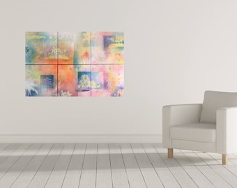 large abstract landscape painting, original art, purple pink orange wall decoration, palm trees