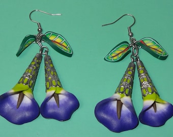 Polymer Clay Earrings Large Blue Calla Lily with Leaves