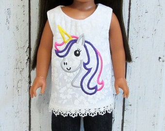 Clothes to Fit Wellie Wisher.Unicorn Embroidered Top.Denim Pants.Doll Clothes to Fit 14 and 14.5 Dolls.Colorful Unicorn Shirt.
