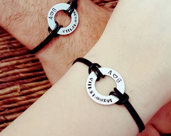 Set of two, Personalized Bracelet, Engraved, Hand Stamped, Roman Numerals, Aluminum, Leather, Couples Bracelet, Washer, Gift for Him