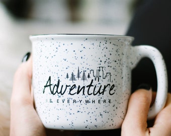 Campfire Mug | Adventure Is Everywhere | 15 oz Ceramic Coffee Mug White Speckled