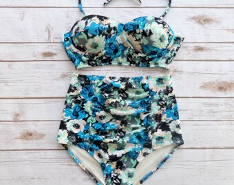 Bustier Bikini Swimsuit - Vintage Style High Waisted Ruched Pin-up Retro Style Swimwear - Blue Mint Black White Floral Print Bathing Suit