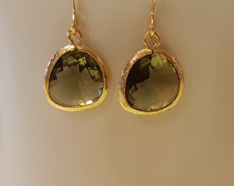 Green crystal earrings, olive green crystal earrings, green and gold earrings, dangle earrings, gold plated, approx. 1 inch long
