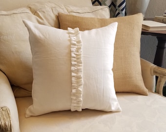 Off-White Linen Pillow Cover with Center Ruffle Accent