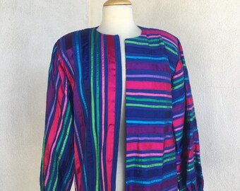 Vintage Mexican Tachi Castillo blue cotton pin tuck ribbon Jacket pad shoulder puff sleeve sz M