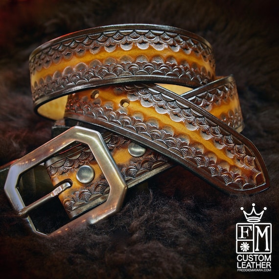 Brown Leather Belt Custom Sunburst finish Hand Tooled made for YOU in New York by Freddie Matara