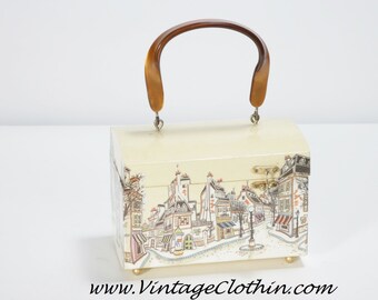 1960s Mod Decoupage Box Purse Street & Shop Scene Lucite Handle, Lucite Purse, Box Purse, Mod Purse, Decoupage Purse, 1960s Purse