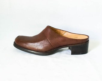Rockport leather mules - Brown leather mules 7.5M - Women's leather mules - Brown leather slip on shoes - Chunky heel shoes -Women's 7.5