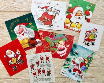 8 Vintage Musical Santa Christmas Cards, Midcentury Santa Claus Cards, 1950s-1960s Musical Santa Cards Set
