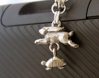 Storybook Headphone Jack Charm - Cell Phone Charm, Mini Chainmaille, Tortoise and Hare, Dust Plug Charm