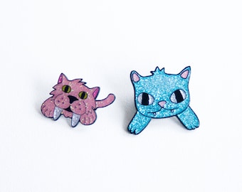 Prehistoric cats BFF pin set - Cat enamel pin - designosaur - I like cats - glitter enamel - lapel pin - enamel pin - cat enamel pin - cats
