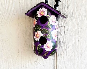 Purple with Pink Flowers Decorative Birdhouse , with Two Holes , Hand Painted , and a Chimney