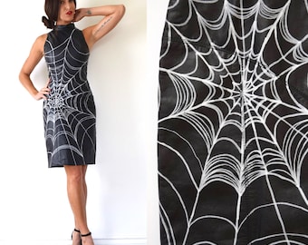 Vintage 90s does 50s Skintight Black Leather Spiderweb Custom Painted Hourglass Silhouette Pencil Dress (size xs)