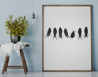 Birds on a Wire Print, Bird Print, Bird Wall Art, Bird Silhouette, Bird Printable