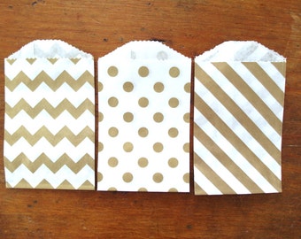 Gold Paper Bag, Gold Gift Bag, Gold Stripe, Gold Polka Dot, Gold Chevron 2.75" x 4", Set of 20