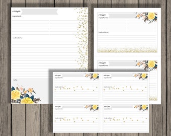 Editable recipe cards, meal planning, recipes, editable printables, recipe card printables, instant download, floral design. 3x5, 4x6, full.