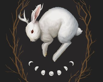 Midnight Run, 8x10 fine art giclee print, jackalope painting, rabbit, witchy, archival print, gothic art, dark nature, occult artwork