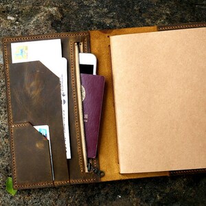 Personalized leather midori travel journal A5 refillable notebook / leather passport boarding pass holder / leather travel organizer NA505TZ